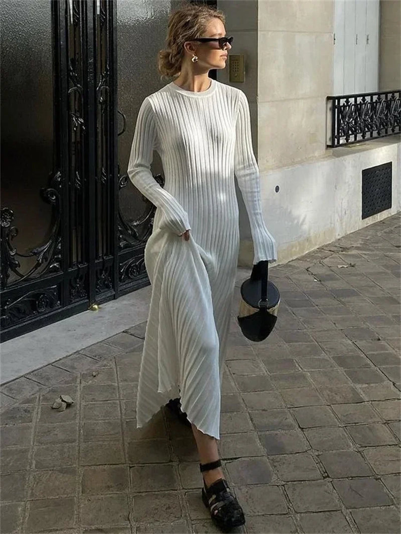 Lace-Up Female Knit Maxi Dress Autumn High Waist Fashion Patchwork Long Sleeve Loose Solid Dress Bandage Knitwear Dress