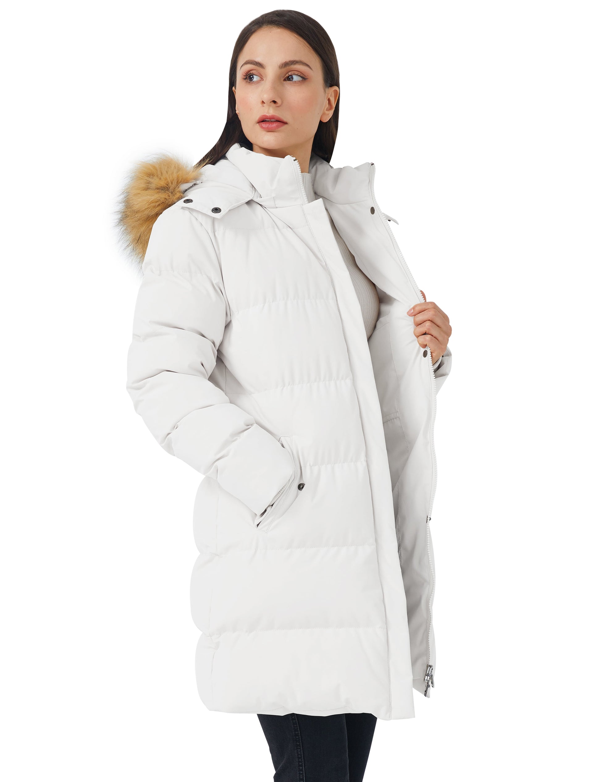 Women'S Winter Coat Hooded Puffer Jacket Warm Waterproof Puffer Coat White L