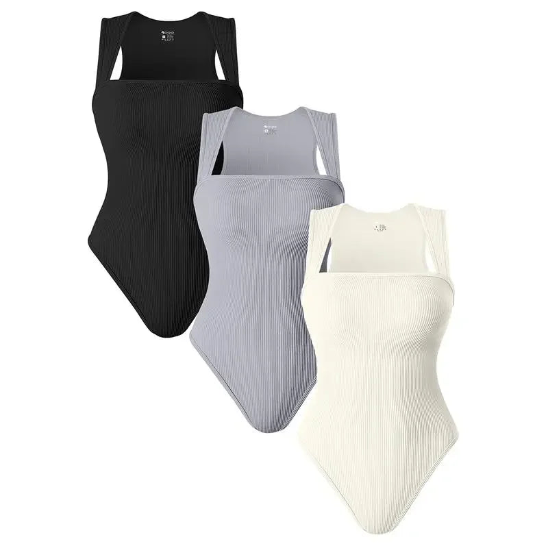 Women'S 3 Piece Bodysuits Sexy Ribbed Strappy Square Neck Sleeveless Body Control Abdomen Tops for Women High Quality Bodysuits