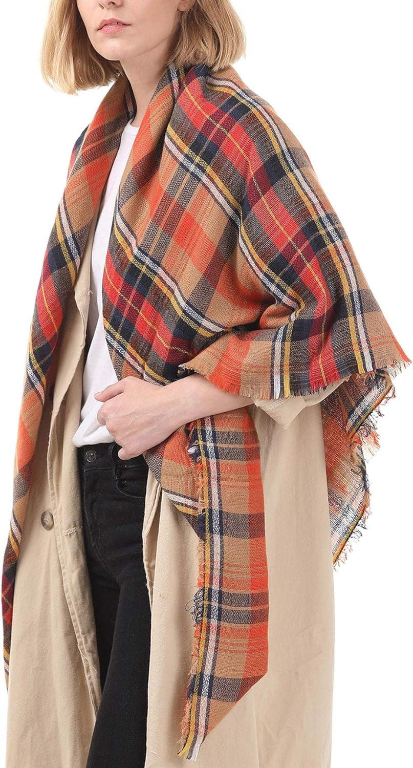 Trendy Women'S Cozy Warm Winter Fall Blanket Scarf Stylish Soft Chunky Checked Giant Scarves Shawl Cape